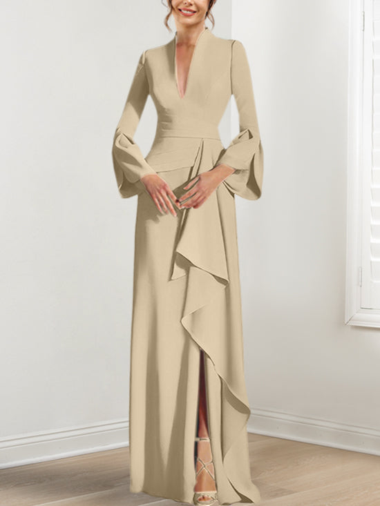 V-Neck Floor-Length Mother of the Bride Dress With Side Split and Long Sleeves-BMbridal