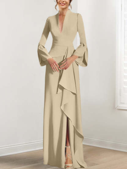 V-Neck Floor-Length Mother of the Bride Dress With Side Split and Long Sleeves-BMbridal
