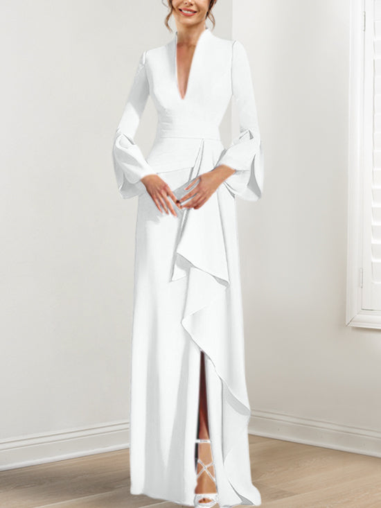 V-Neck Floor-Length Mother of the Bride Dress With Side Split and Long Sleeves-BMbridal