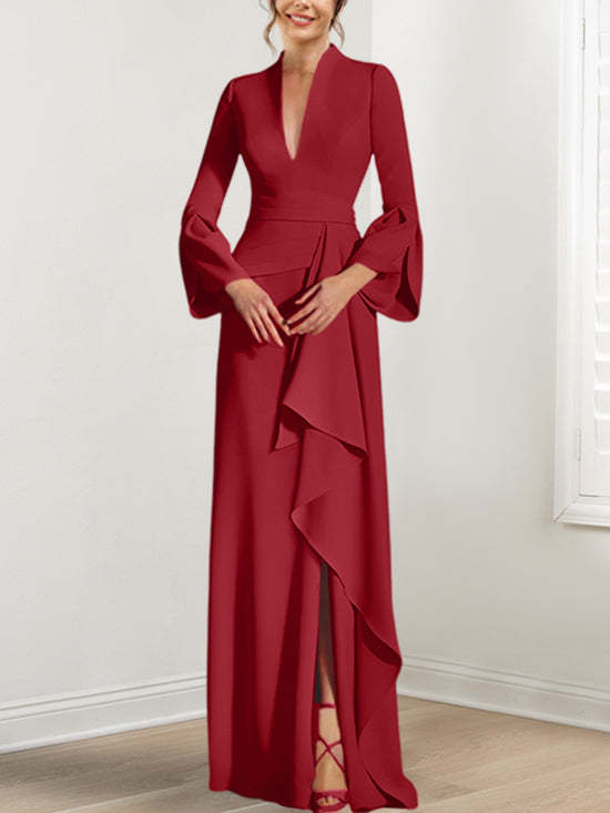 V-Neck Floor-Length Mother of the Bride Dress With Side Split and Long Sleeves-BMbridal