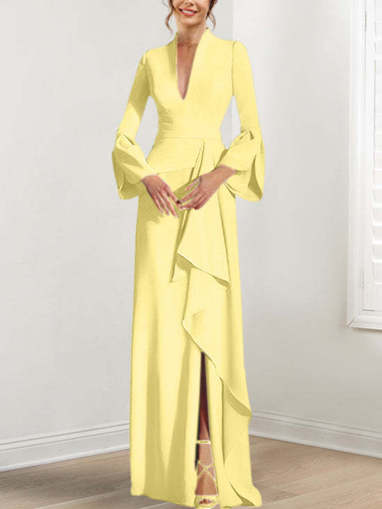 V-Neck Floor-Length Mother of the Bride Dress With Side Split and Long Sleeves-BMbridal