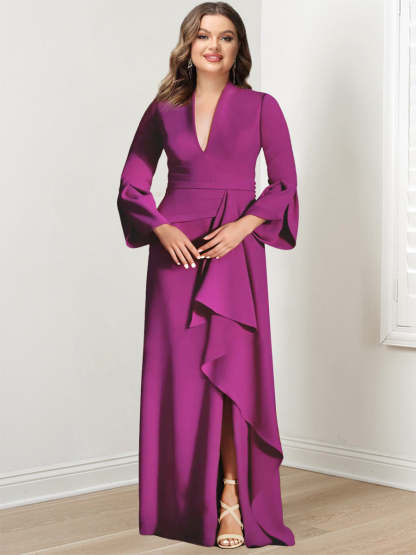 V-Neck Floor-Length Mother of the Bride Dress With Side Split and Long Sleeves-BMbridal