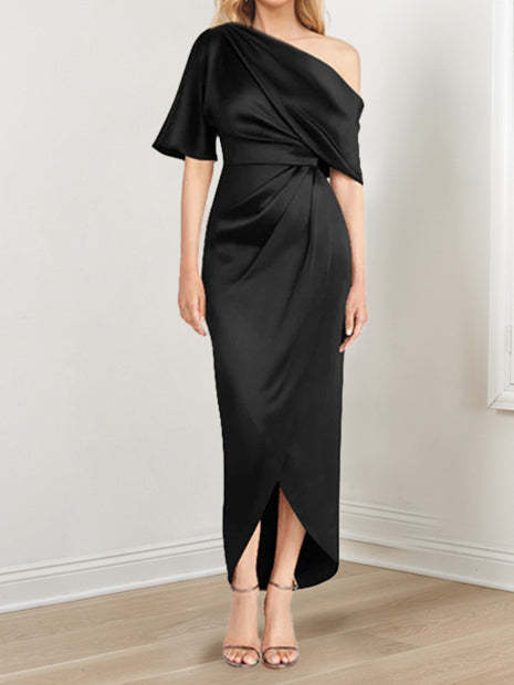 Asymmetrical One-Shoulder Short Sleeve Sheath Dress with Ruffles for the Mother of the Bride-BMbridal