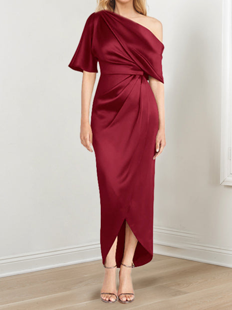 Asymmetrical One-Shoulder Short Sleeve Sheath Dress with Ruffles for the Mother of the Bride-BMbridal