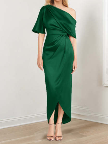 Asymmetrical One-Shoulder Short Sleeve Sheath Dress with Ruffles for the Mother of the Bride-BMbridal
