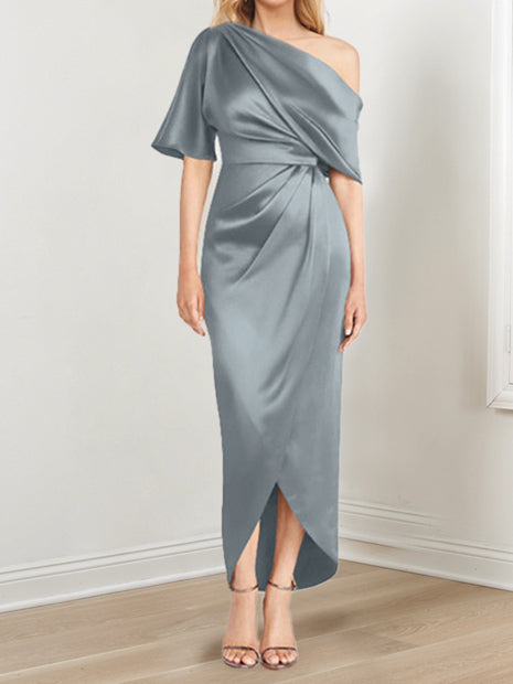 Asymmetrical One-Shoulder Short Sleeve Sheath Dress with Ruffles for the Mother of the Bride-BMbridal