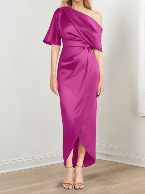 Asymmetrical One-Shoulder Short Sleeve Sheath Dress with Ruffles for the Mother of the Bride-BMbridal