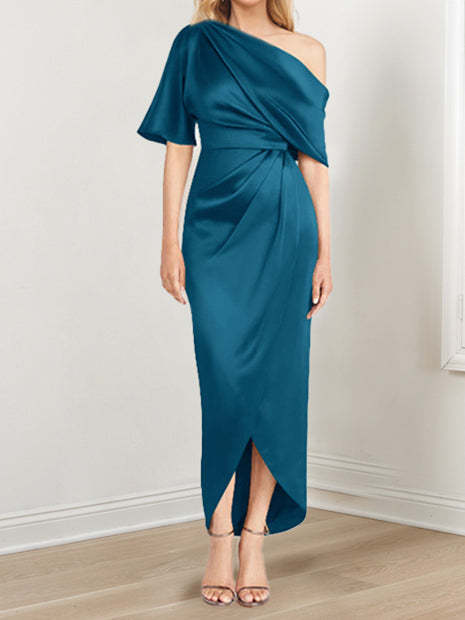 Asymmetrical One-Shoulder Short Sleeve Sheath Dress with Ruffles for the Mother of the Bride-BMbridal