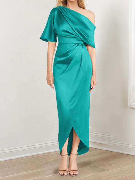 Asymmetrical One-Shoulder Short Sleeve Sheath Dress with Ruffles for the Mother of the Bride-BMbridal