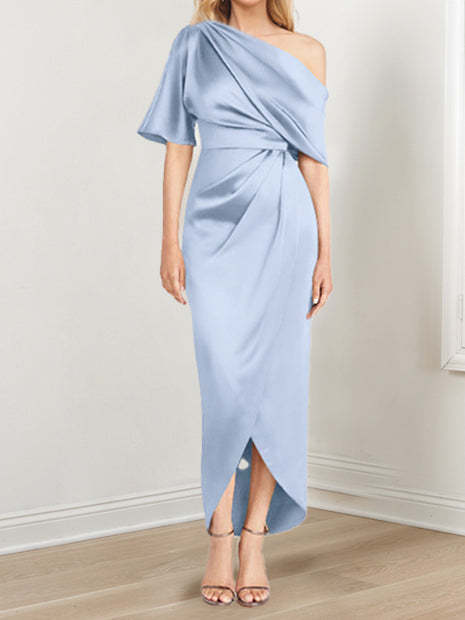 Asymmetrical One-Shoulder Short Sleeve Sheath Dress with Ruffles for the Mother of the Bride-BMbridal