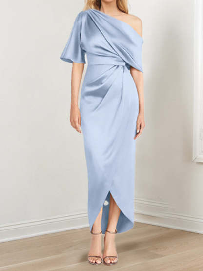 Asymmetrical One-Shoulder Short Sleeve Sheath Dress with Ruffles for the Mother of the Bride-BMbridal