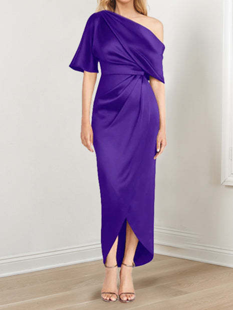 Asymmetrical One-Shoulder Short Sleeve Sheath Dress with Ruffles for the Mother of the Bride-BMbridal