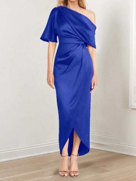 Asymmetrical One-Shoulder Short Sleeve Sheath Dress with Ruffles for the Mother of the Bride-BMbridal