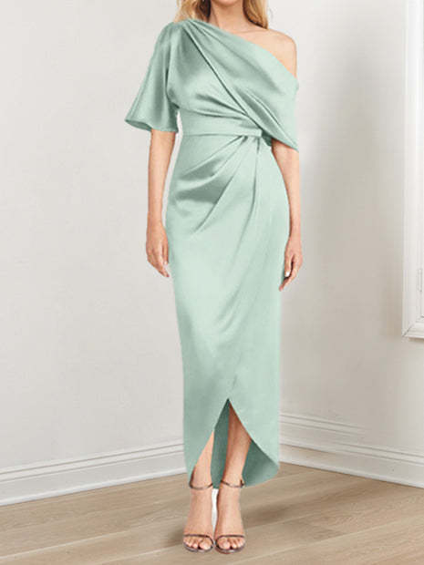 Asymmetrical One-Shoulder Short Sleeve Sheath Dress with Ruffles for the Mother of the Bride-BMbridal