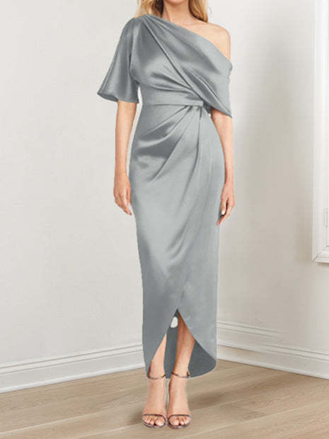 Asymmetrical One-Shoulder Short Sleeve Sheath Dress with Ruffles for the Mother of the Bride-BMbridal