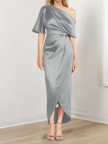 Asymmetrical One-Shoulder Short Sleeve Sheath Dress with Ruffles for the Mother of the Bride-BMbridal