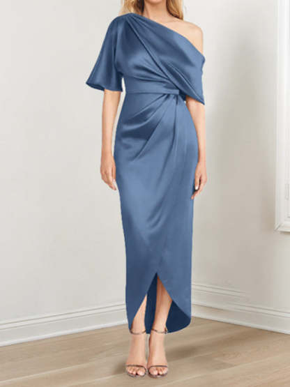 Asymmetrical One-Shoulder Short Sleeve Sheath Dress with Ruffles for the Mother of the Bride-BMbridal
