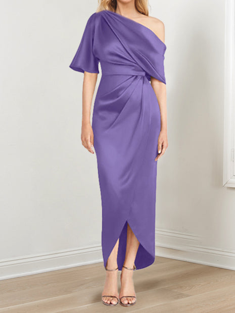 Asymmetrical One-Shoulder Short Sleeve Sheath Dress with Ruffles for the Mother of the Bride-BMbridal