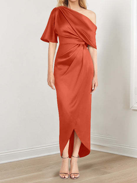 Asymmetrical One-Shoulder Short Sleeve Sheath Dress with Ruffles for the Mother of the Bride-BMbridal