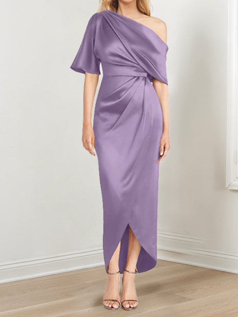 Asymmetrical One-Shoulder Short Sleeve Sheath Dress with Ruffles for the Mother of the Bride-BMbridal