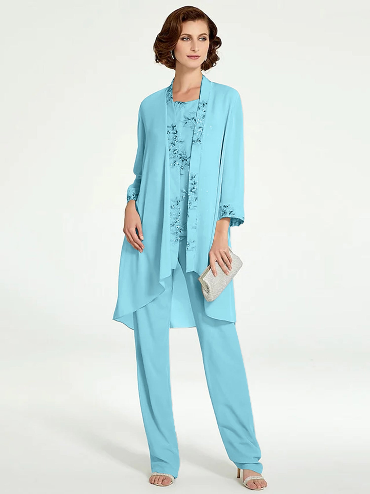 Floor-Length Round Neck Chiffon Pantsuits with Jacket for the Mother of the Bride-BMbridal