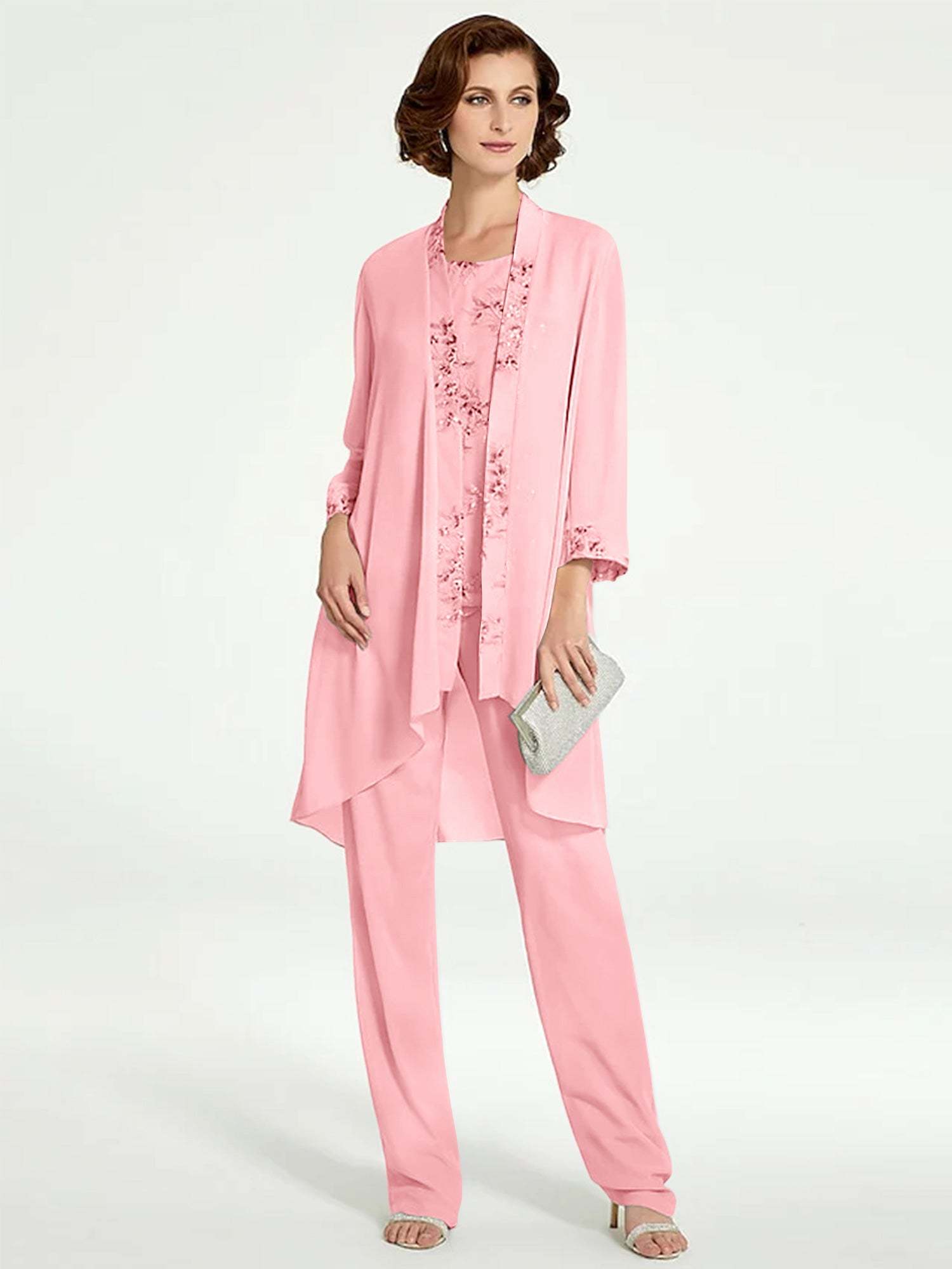 Floor-Length Round Neck Chiffon Pantsuits with Jacket for the Mother of the Bride-BMbridal