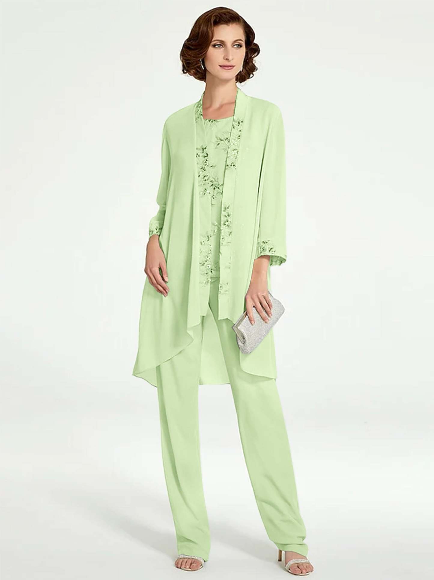 Floor-Length Round Neck Chiffon Pantsuits with Jacket for the Mother of the Bride-BMbridal