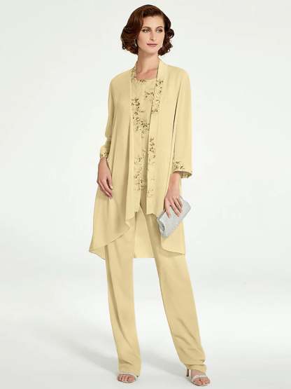 Floor-Length Round Neck Chiffon Pantsuits with Jacket for the Mother of the Bride-BMbridal