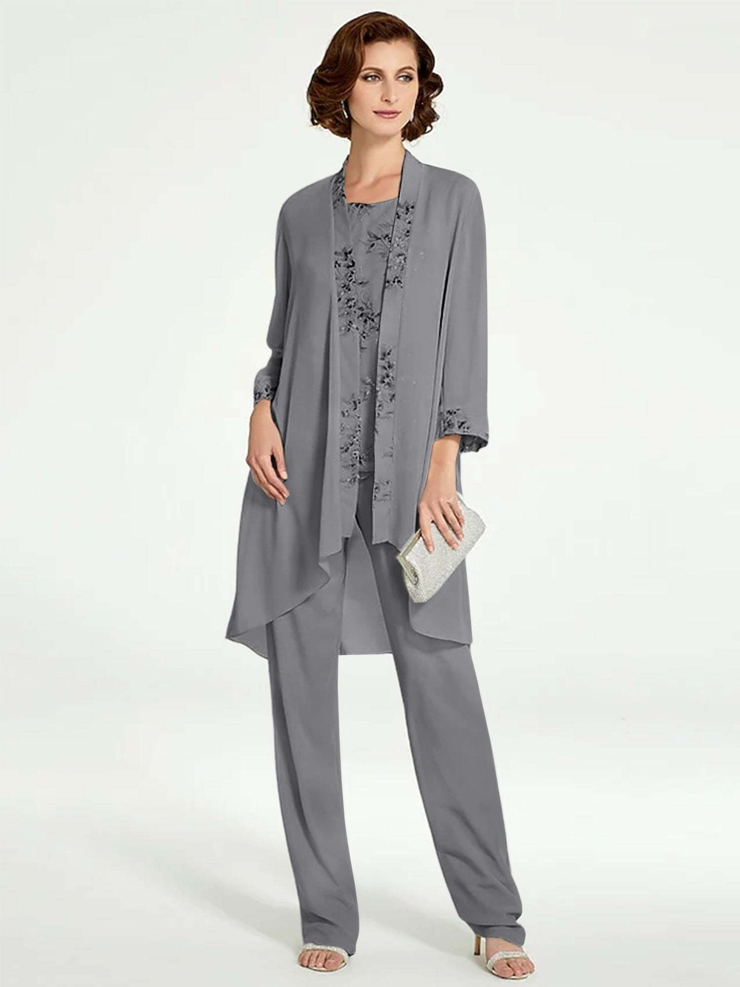 Floor-Length Round Neck Chiffon Pantsuits with Jacket for the Mother of the Bride-BMbridal