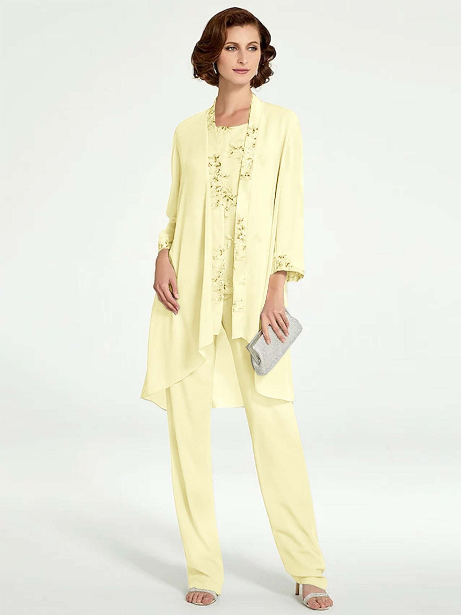 Floor-Length Round Neck Chiffon Pantsuits with Jacket for the Mother of the Bride-BMbridal