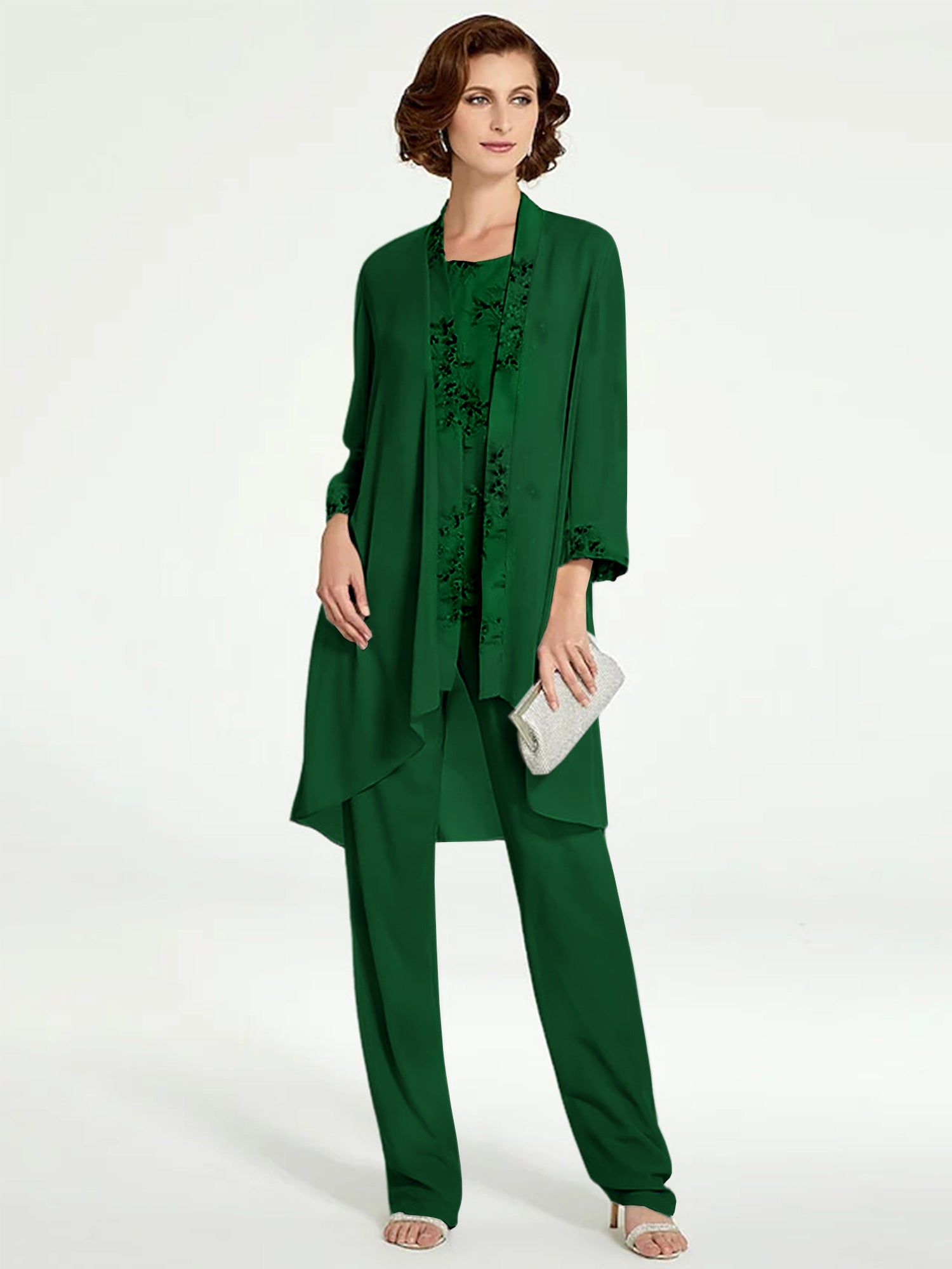 Floor-Length Round Neck Chiffon Pantsuits with Jacket for the Mother of the Bride-BMbridal