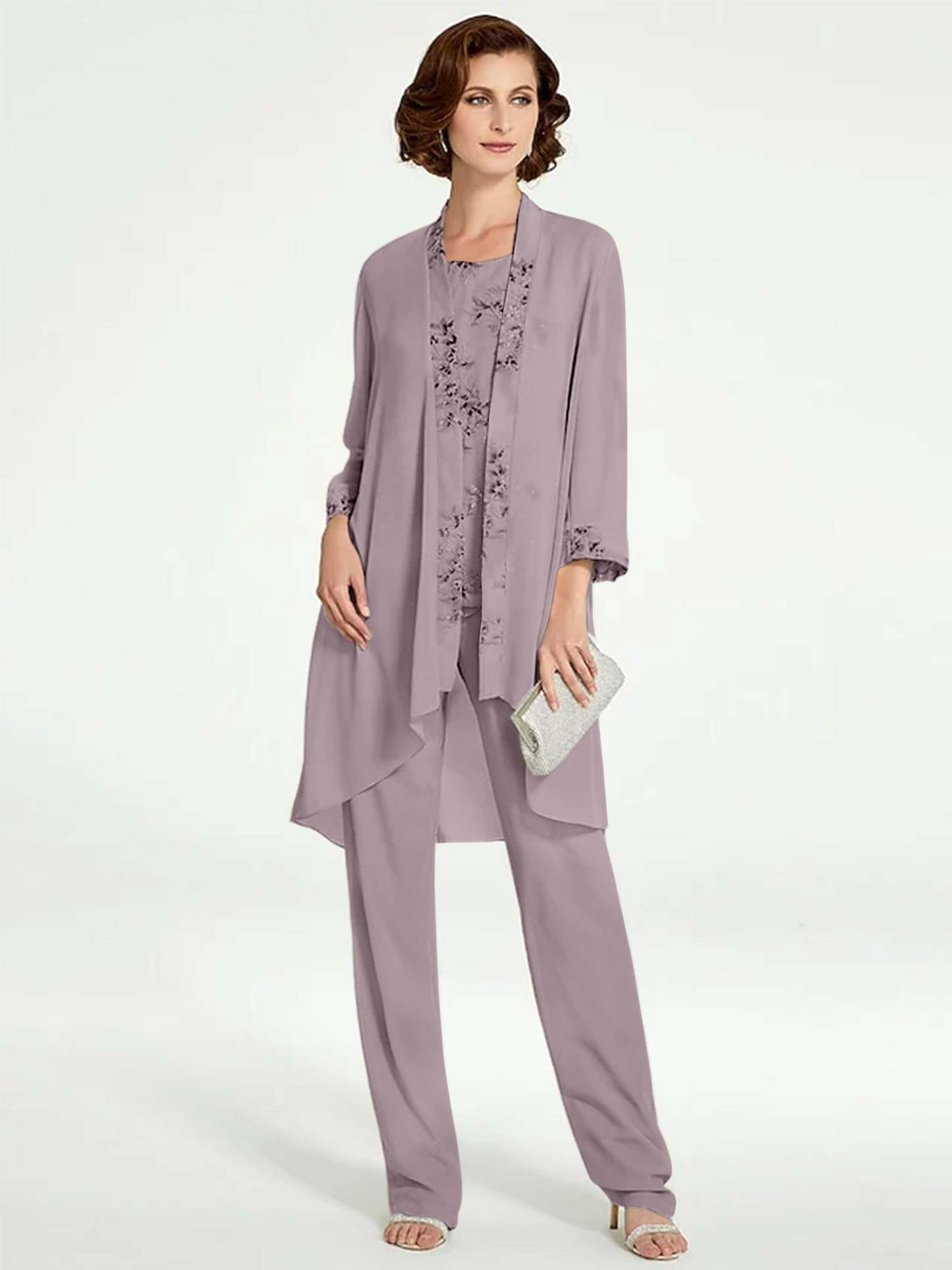 Floor-Length Round Neck Chiffon Pantsuits with Jacket for the Mother of the Bride-BMbridal