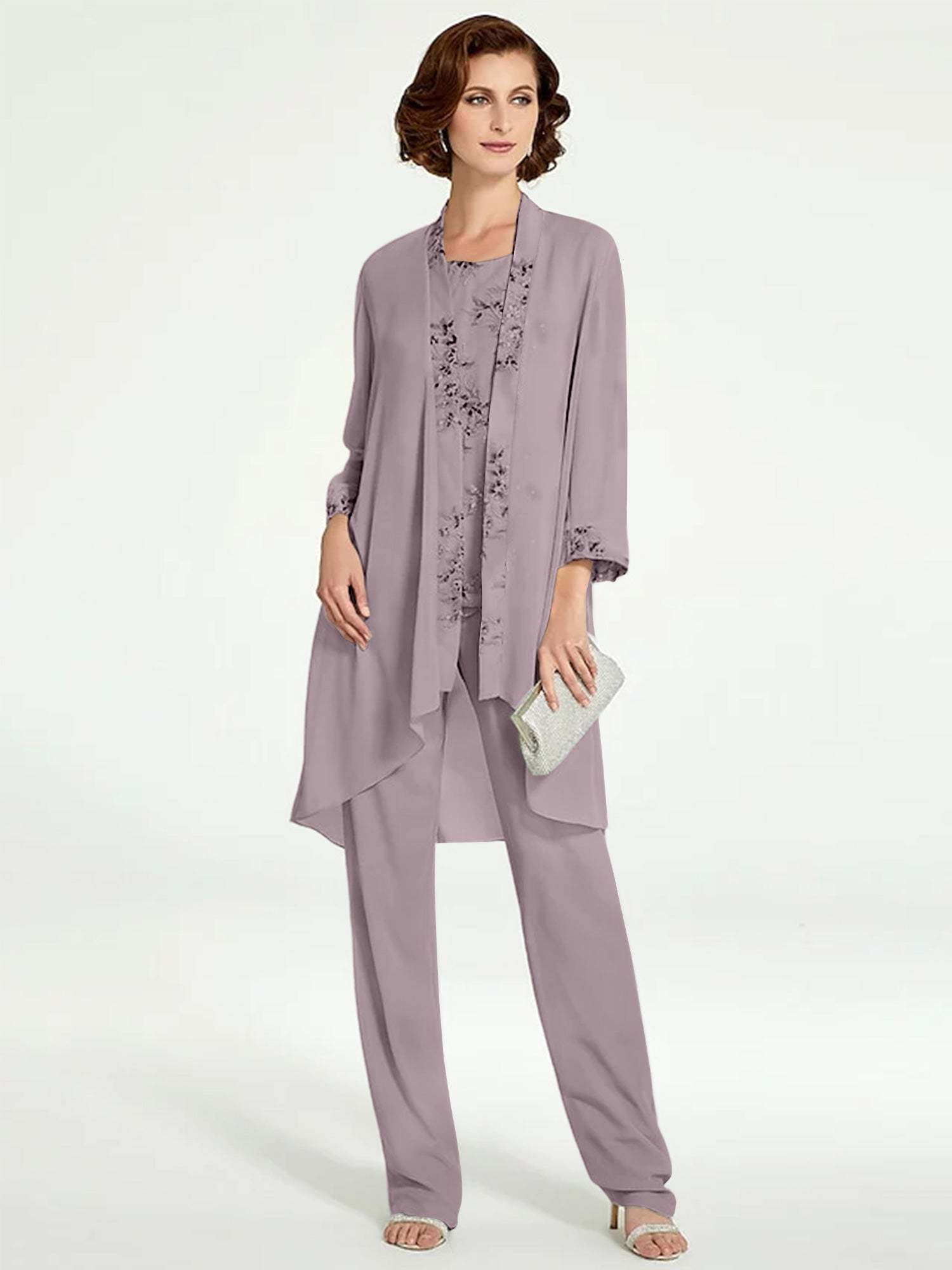 Floor-Length Round Neck Chiffon Pantsuits with Jacket for the Mother of the Bride-BMbridal