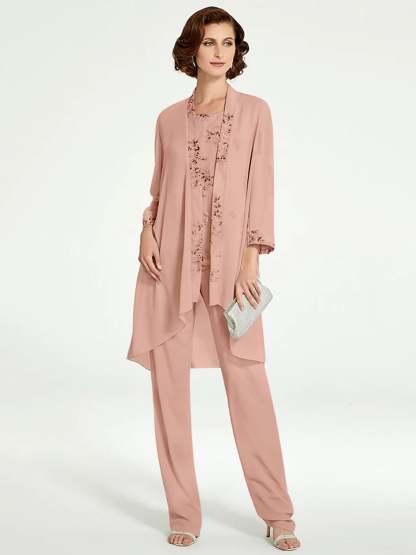 Floor-Length Round Neck Chiffon Pantsuits with Jacket for the Mother of the Bride-BMbridal