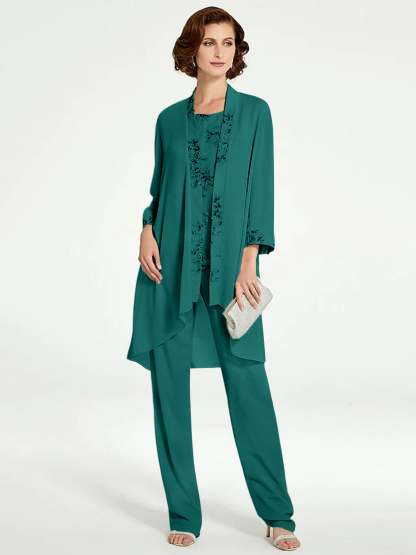 Floor-Length Round Neck Chiffon Pantsuits with Jacket for the Mother of the Bride-BMbridal