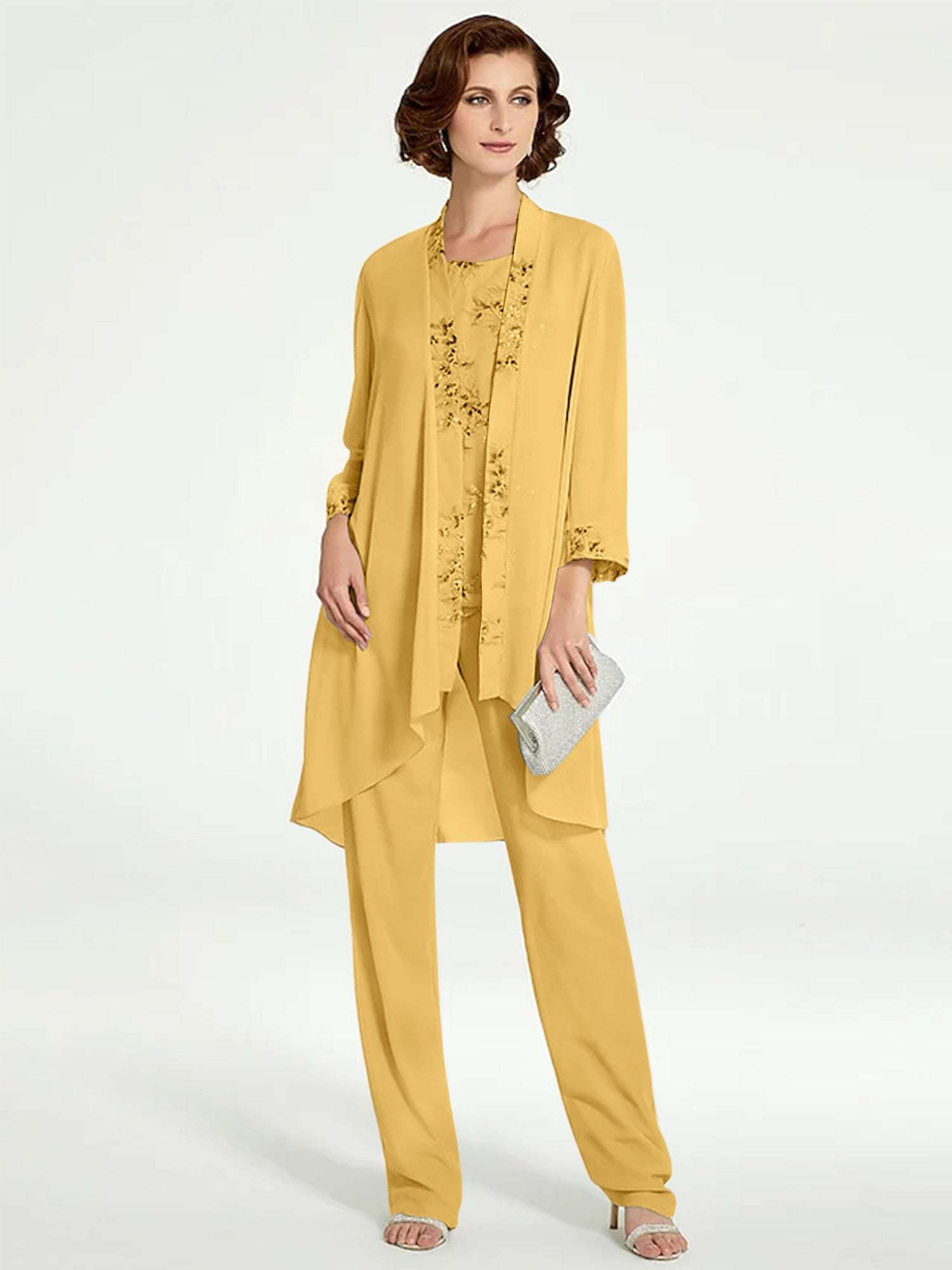 Floor-Length Round Neck Chiffon Pantsuits with Jacket for the Mother of the Bride-BMbridal