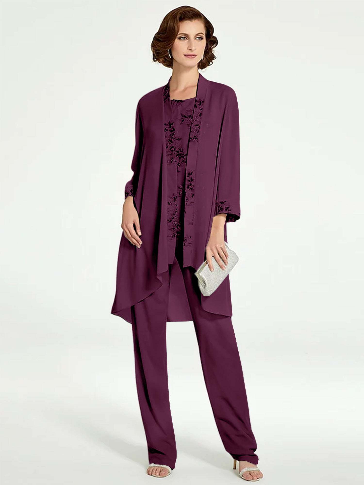 Floor-Length Round Neck Chiffon Pantsuits with Jacket for the Mother of the Bride-BMbridal