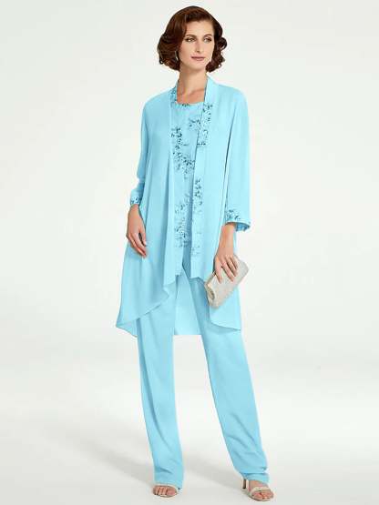 Floor-Length Round Neck Chiffon Pantsuits with Jacket for the Mother of the Bride-BMbridal