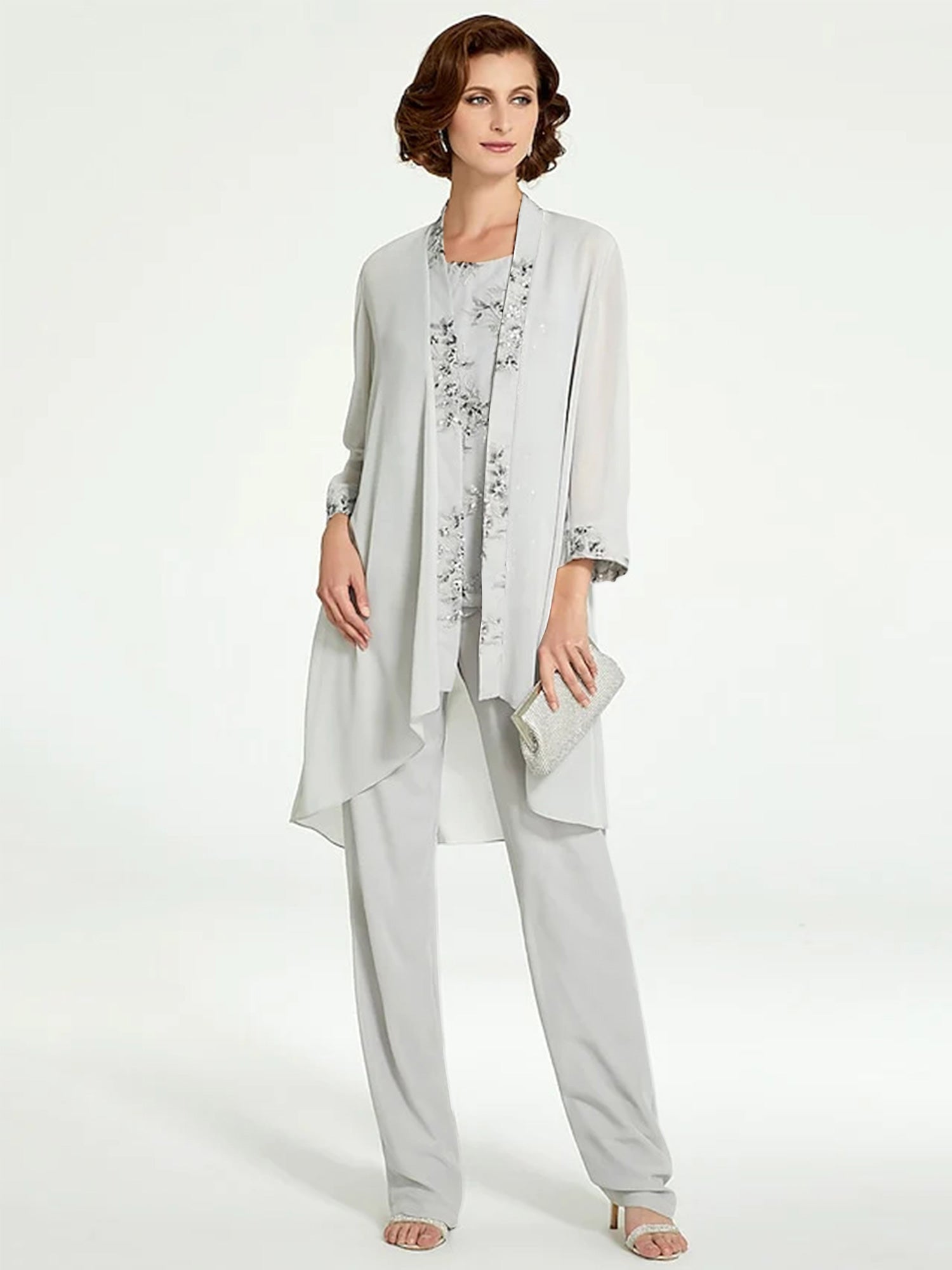 Floor-Length Round Neck Chiffon Pantsuits with Jacket for the Mother of the Bride-BMbridal