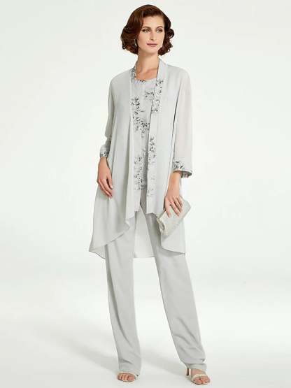Floor-Length Round Neck Chiffon Pantsuits with Jacket for the Mother of the Bride-BMbridal