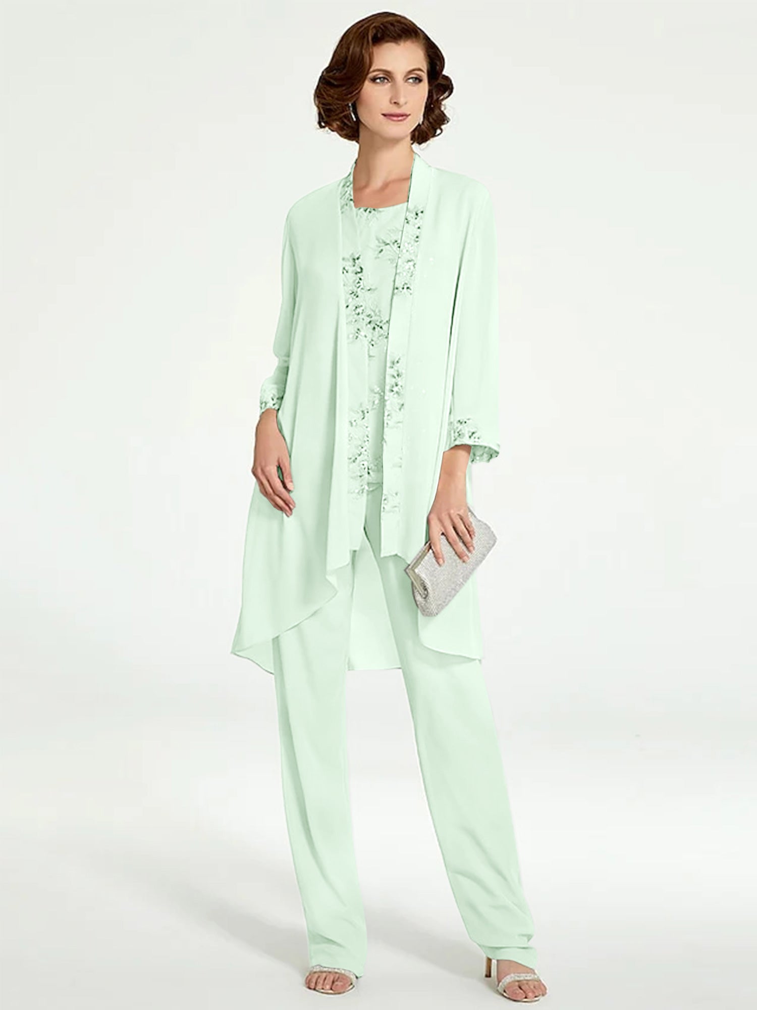 Floor-Length Round Neck Chiffon Pantsuits with Jacket for the Mother of the Bride-BMbridal
