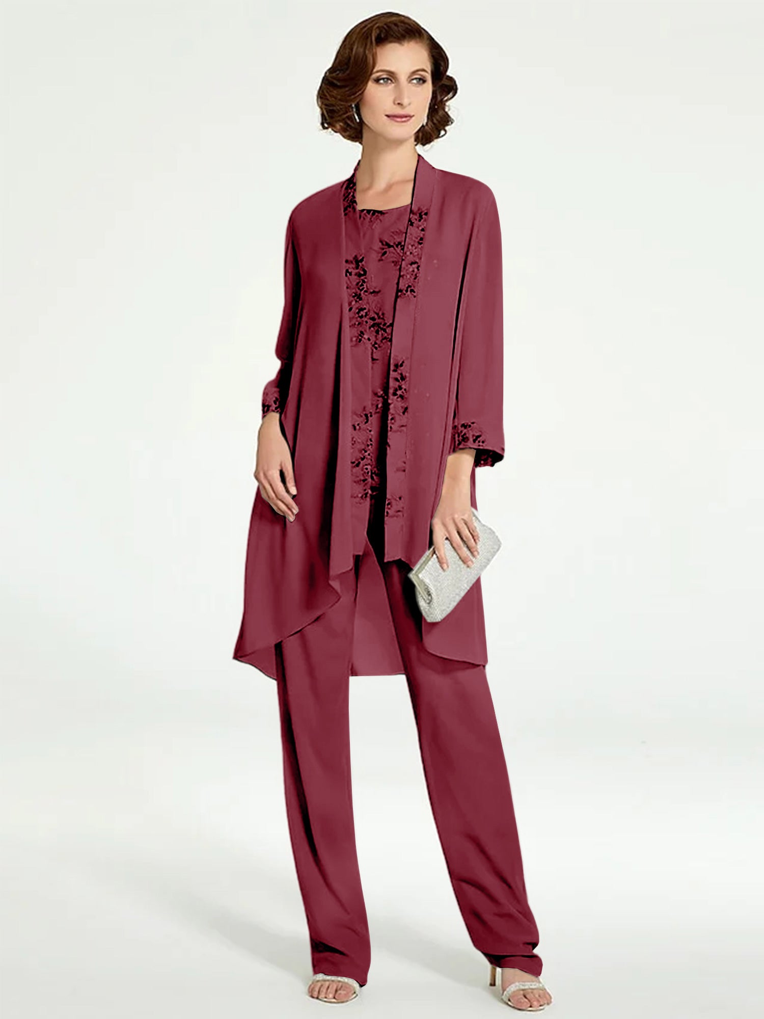 Floor-Length Round Neck Chiffon Pantsuits with Jacket for the Mother of the Bride-BMbridal