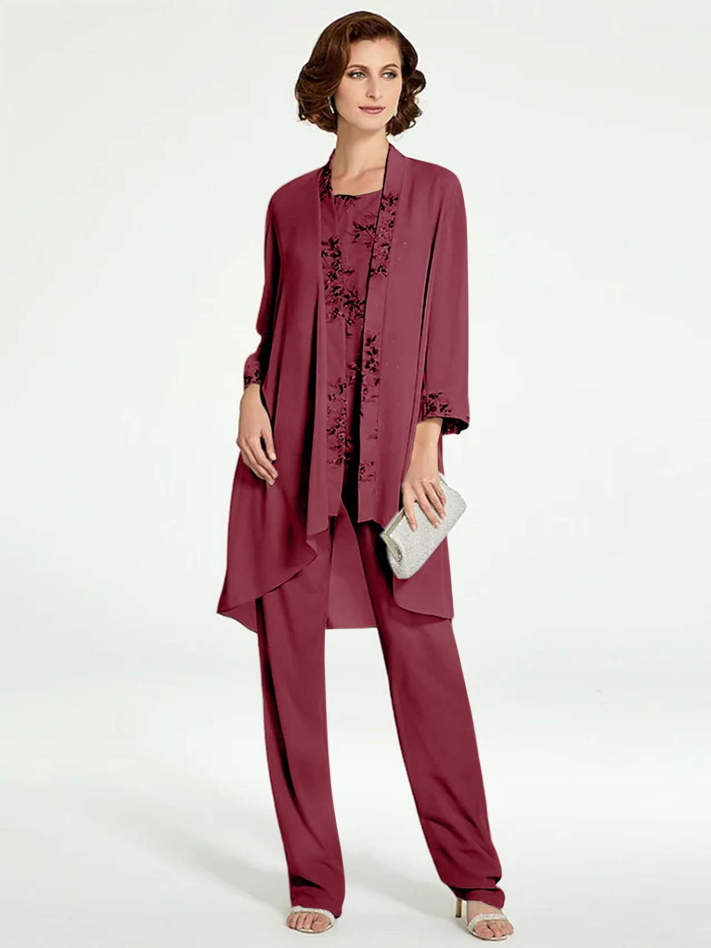 Floor-Length Round Neck Chiffon Pantsuits with Jacket for the Mother of the Bride-BMbridal