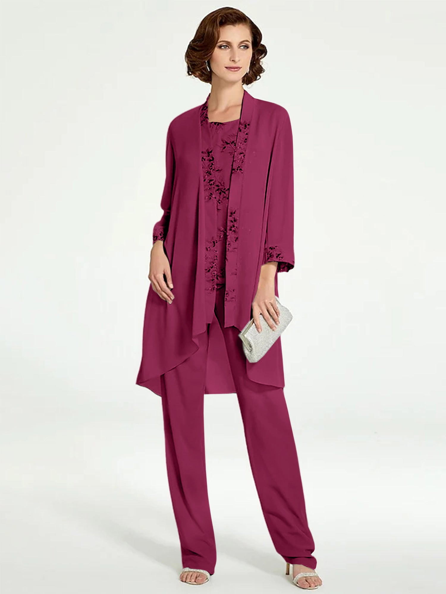 Floor-Length Round Neck Chiffon Pantsuits with Jacket for the Mother of the Bride-BMbridal