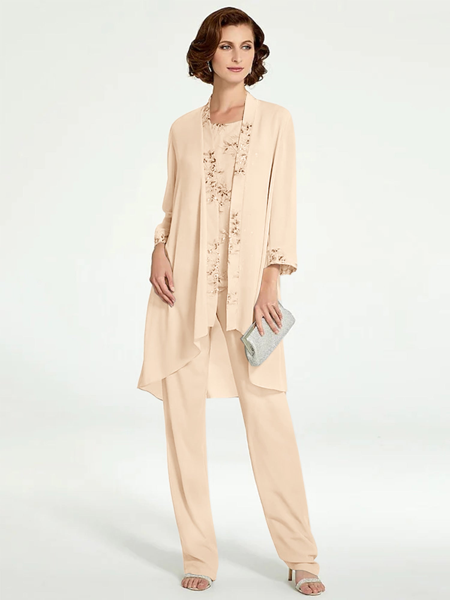 Floor-Length Round Neck Chiffon Pantsuits with Jacket for the Mother of the Bride-BMbridal