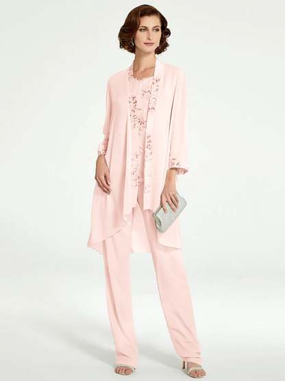 Floor-Length Round Neck Chiffon Pantsuits with Jacket for the Mother of the Bride-BMbridal