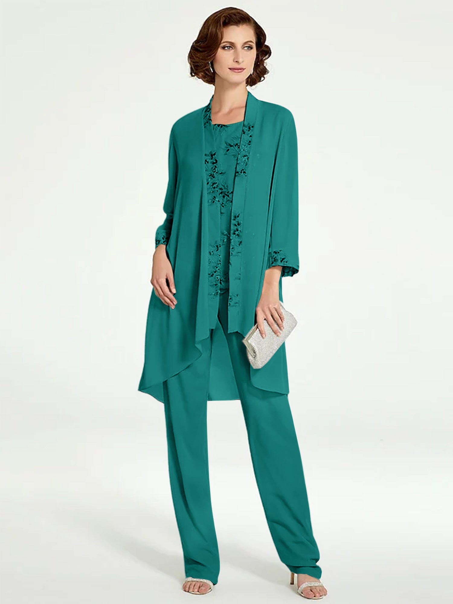 Floor-Length Round Neck Chiffon Pantsuits with Jacket for the Mother of the Bride-BMbridal
