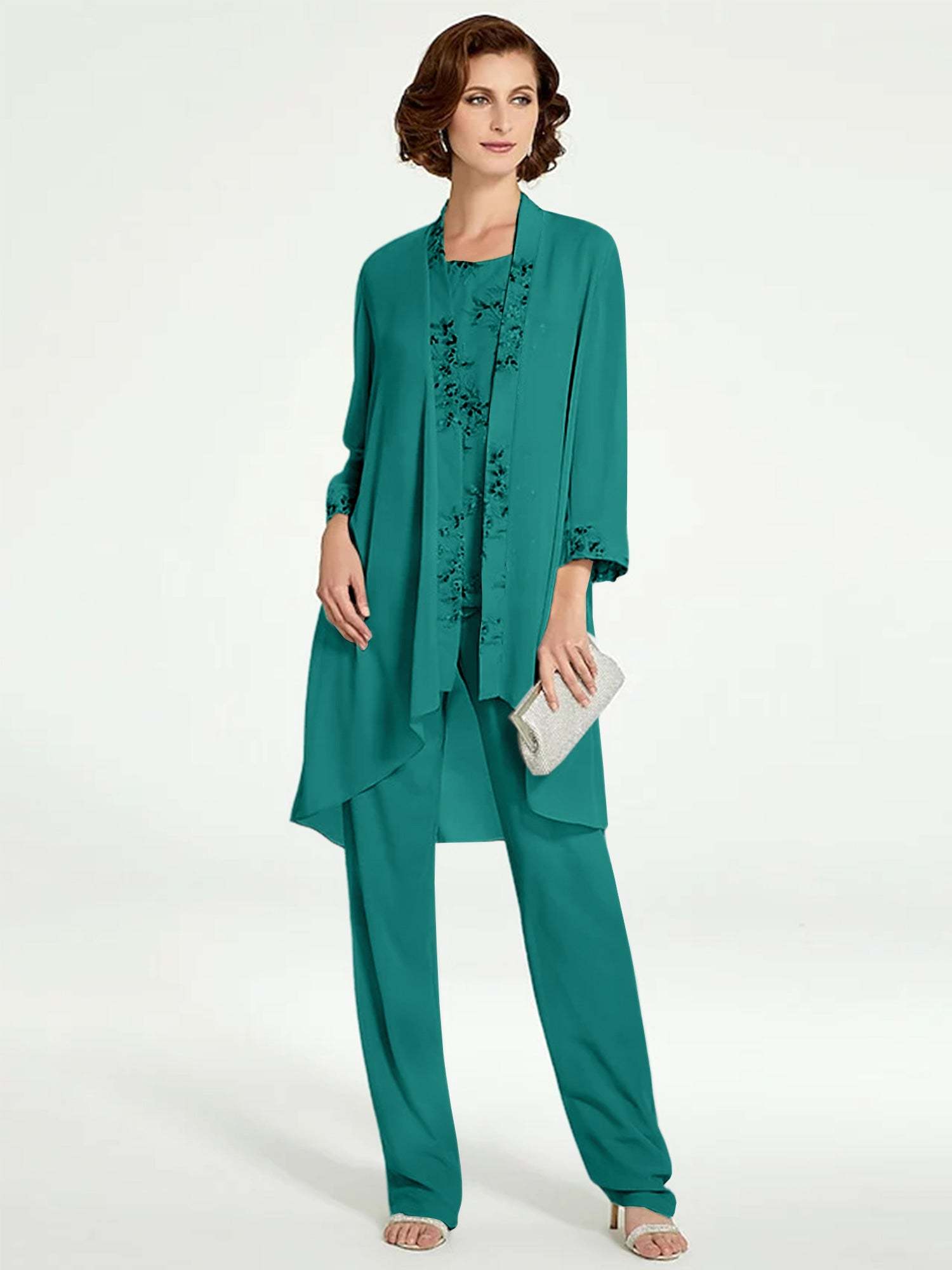 Floor-Length Round Neck Chiffon Pantsuits with Jacket for the Mother of the Bride-BMbridal