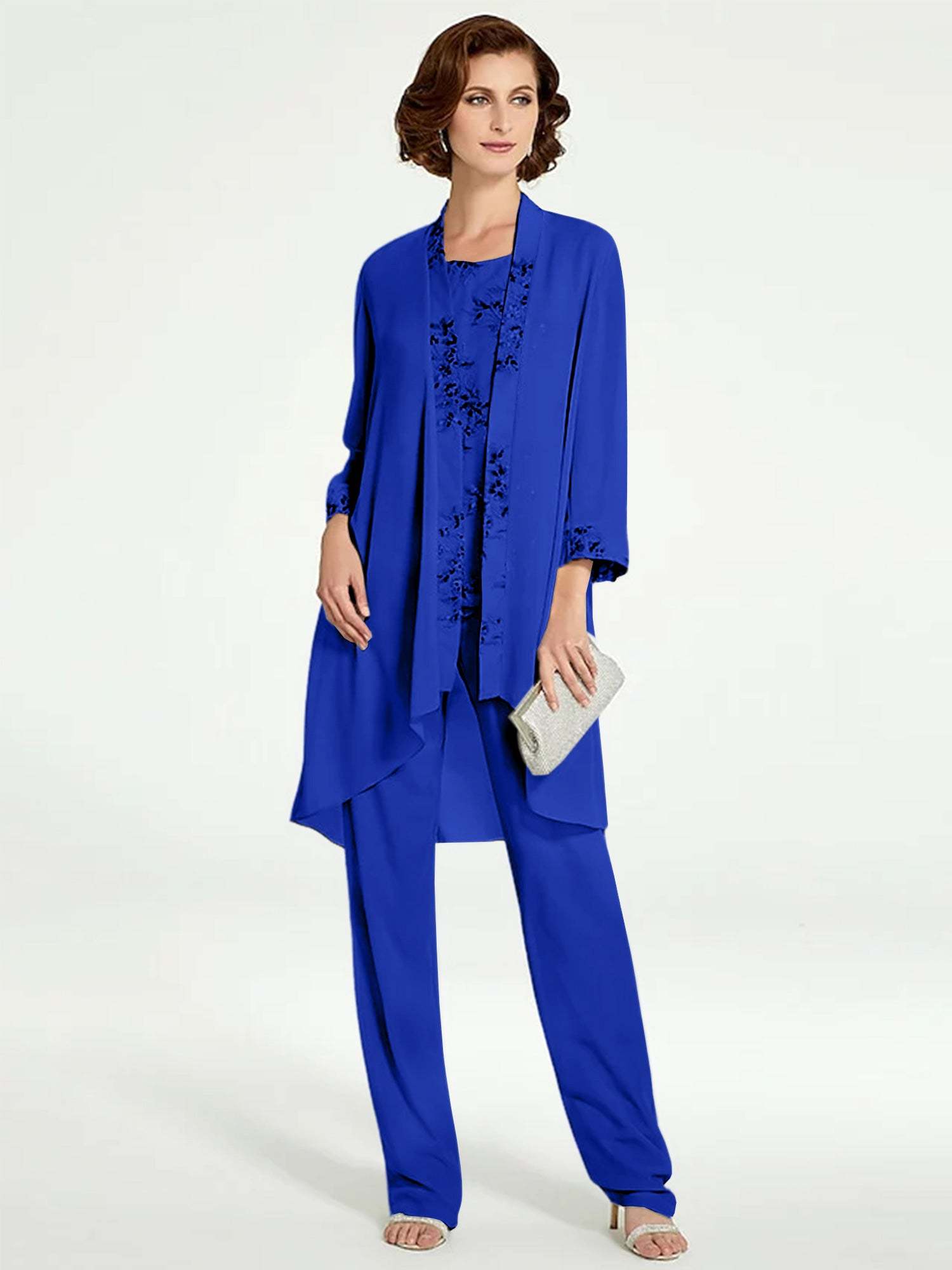 Floor-Length Round Neck Chiffon Pantsuits with Jacket for the Mother of the Bride-BMbridal