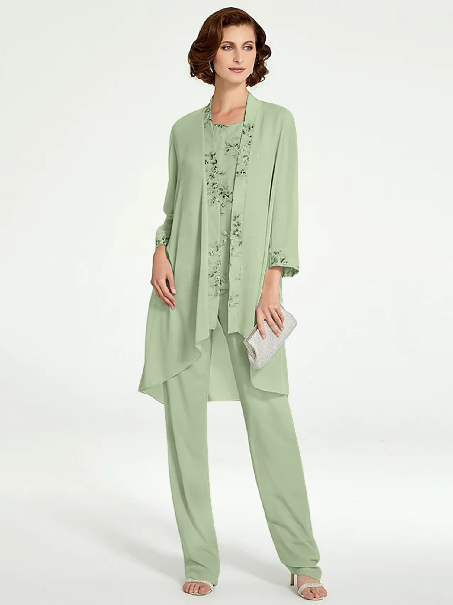 Floor-Length Round Neck Chiffon Pantsuits with Jacket for the Mother of the Bride-BMbridal